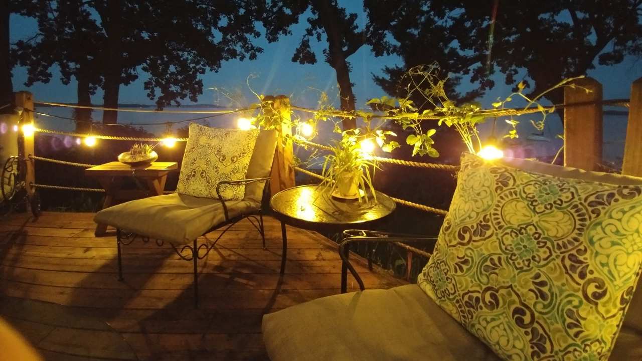 a view of deck space at night