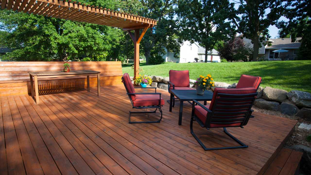 a view of deck space at night